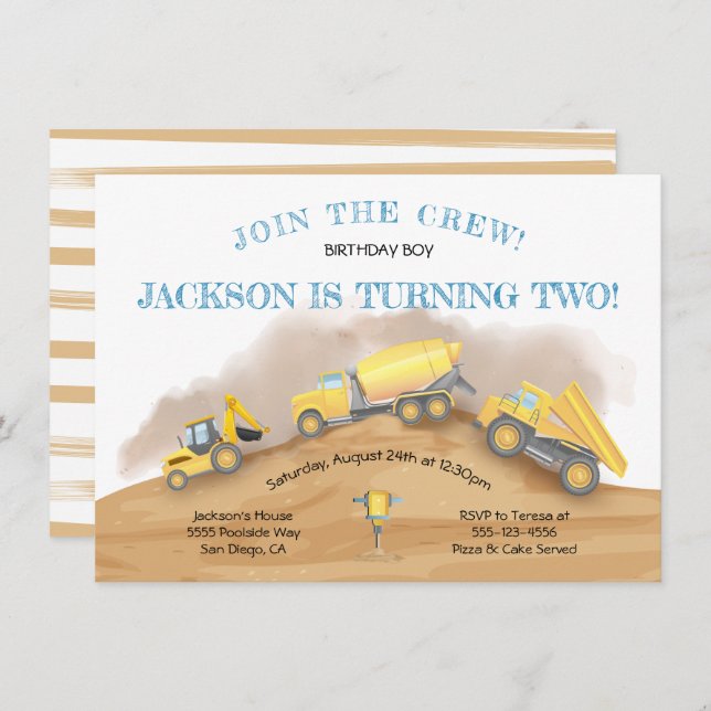 Construction Dump Trucks Birthday Party Invitation (Front/Back)