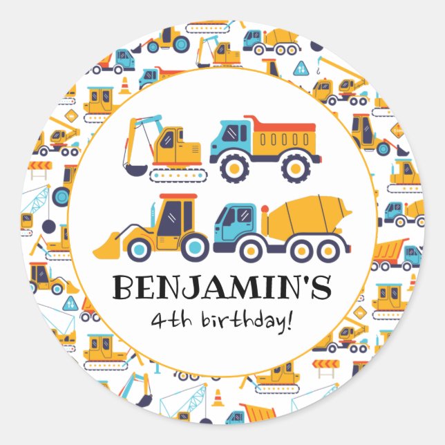 Construction Dump Trucks Vehicles Birthday Party Classic Round Sticker (Front)
