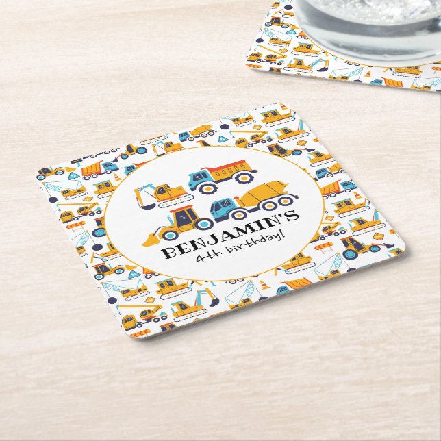 Construction Dump Trucks Vehicles Birthday Party Square Paper Coaster (Angled)