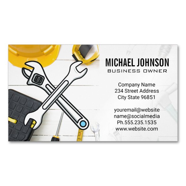 Construction Equipment | Home Repair Hand Tools Magnetic Business Card (Front)