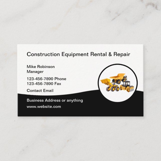 Construction Equipment Rental & Repair Services Business Card (Front)