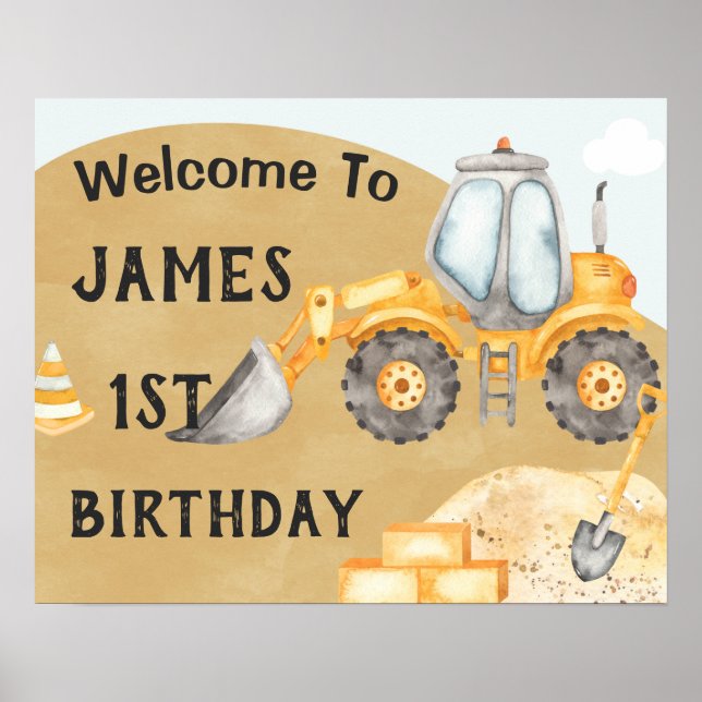 Construction Excavator 1st Birthday Welcome Sign (Front)