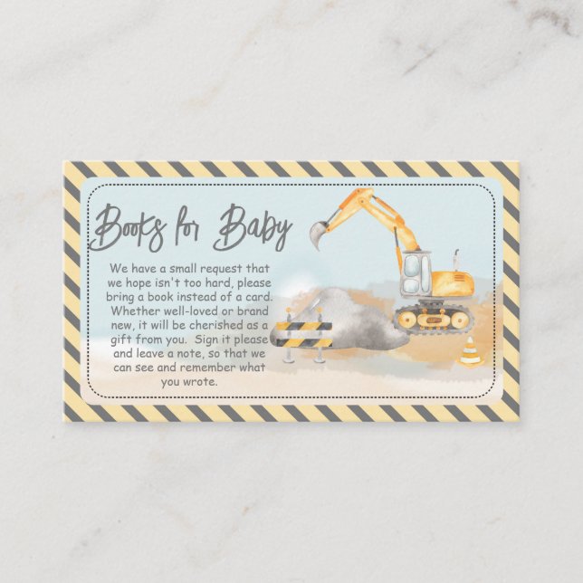 Construction Excavator Baby Shower Books for Baby Enclosure Card (Front)