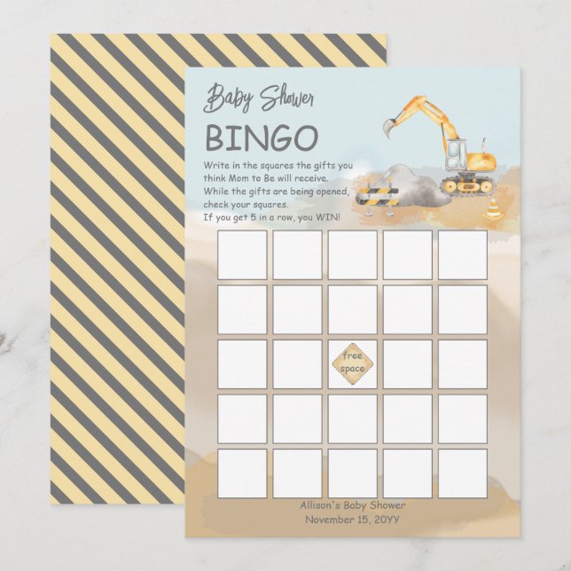 Construction Excavator Boy Baby Shower Bingo  Invitation (Front/Back)