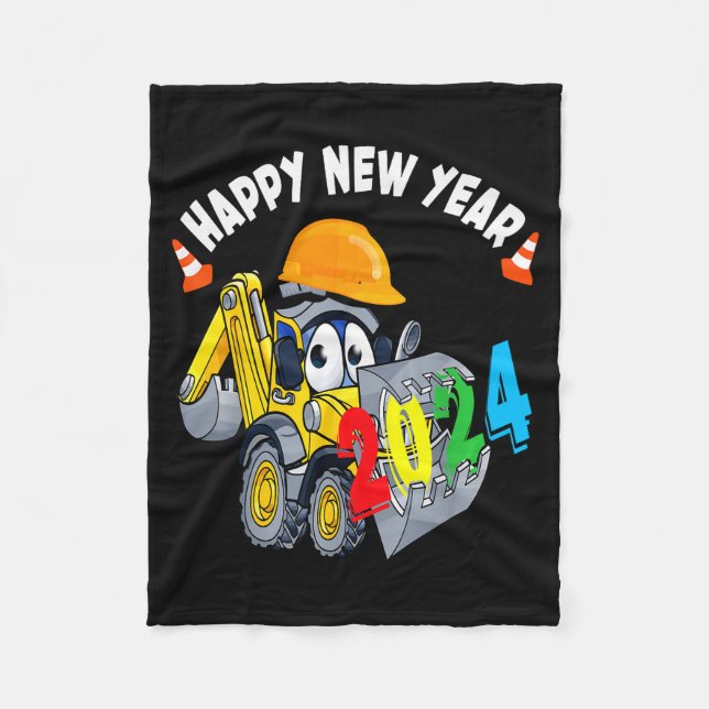 Construction Excavator Happy New Year 2024 For Boy Fleece Blanket (Front)