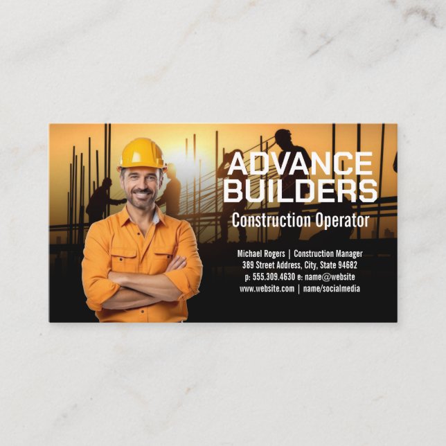 Construction Excavator | Workers on Site | Builder Business Card (Front)