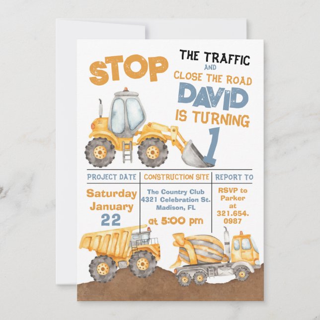 Construction First Birthday Dump Truck Party Invitation (Front)