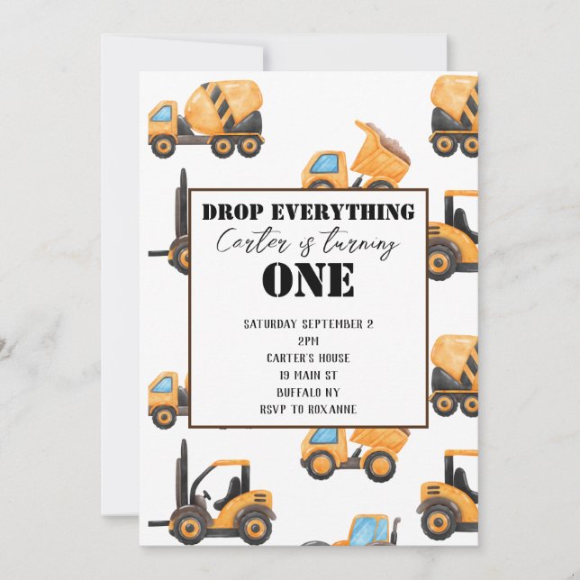 Construction First Birthday Invitation (Front)