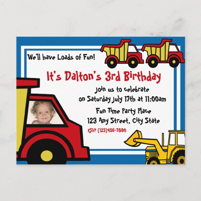 Construction Fun/ Dump Truck Photo Invitation Postcard (Front)