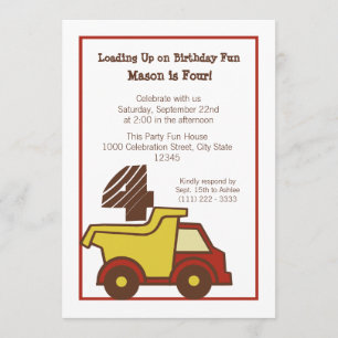 Construction Fun Dump Truck Red Invitation