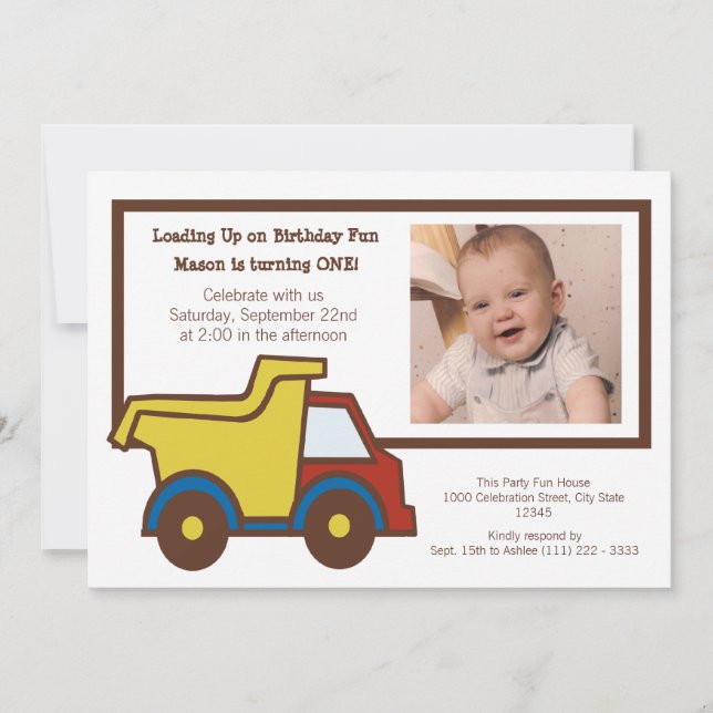 Construction Fun Dumptruck Photo Invitation (Front)