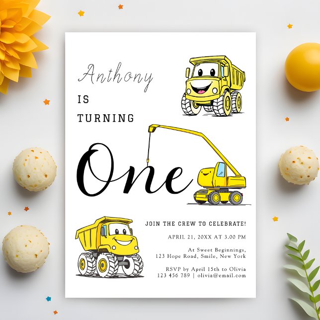 Construction Funny Vehicles 1st Birthday Invitation (Creator Uploaded)