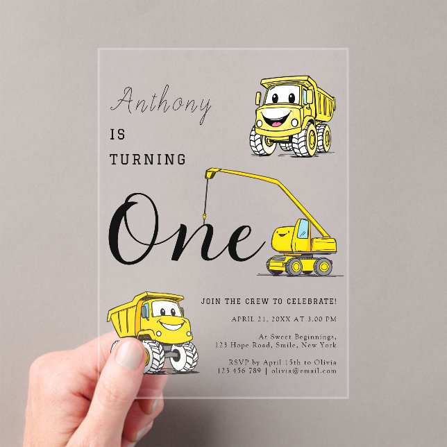 Construction Funny Vehicles Boys 1st Birthday Acrylic Invitations (Insitu (Handheld))