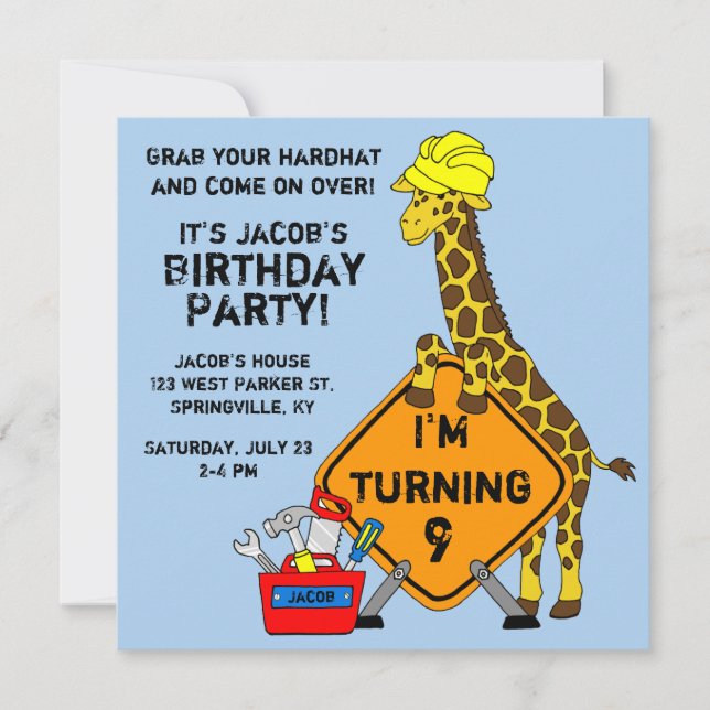 Construction Giraffe Birthday Invitation (Front)