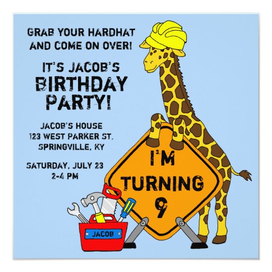 construction giraffe birthday invitation zazzle co uk