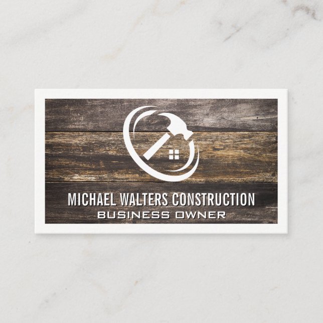 Construction Hammer Home Logo | Wood Boards Business Card (Front)