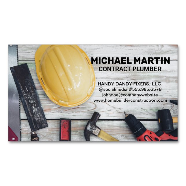 Construction Hand Tools on Wood Table Magnetic Business Card (Front)