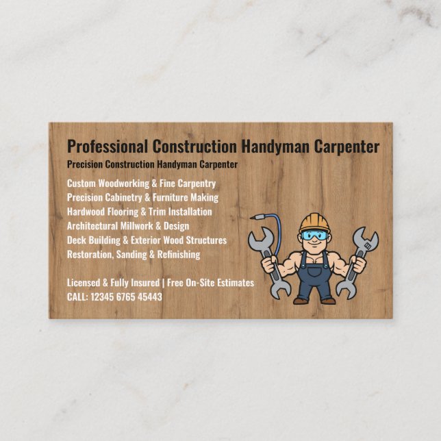 Construction Handyman Carpenter cartoon Business Card (Front)