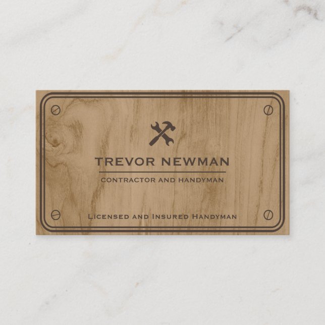 Construction Handyman Carpenter Tools Bolts Wood Business Card (Front)