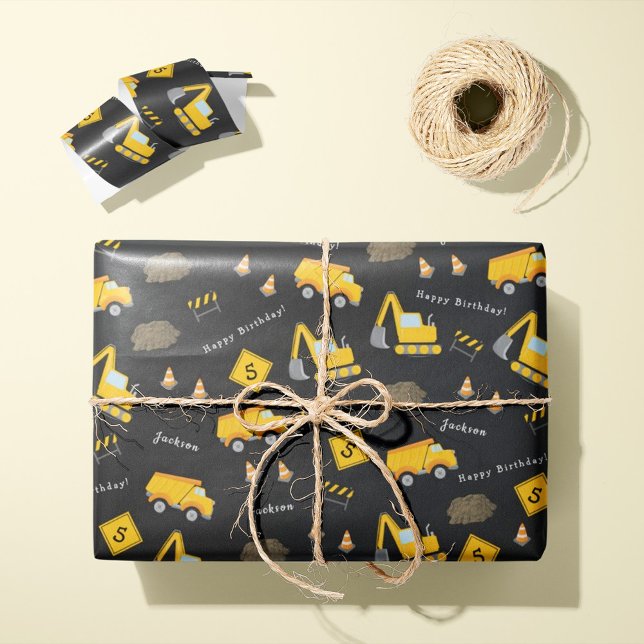Construction Happy Birthday, Boy Name Age Pattern Wrapping Paper (Creator Uploaded)