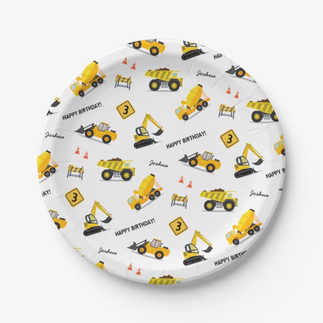 Construction Happy Birthday Custom Name Any Age Paper Plate (Front)