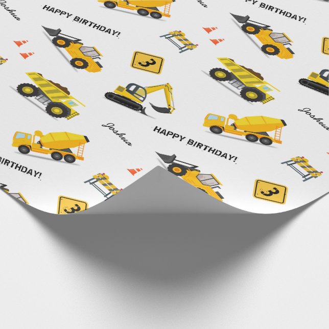 Construction Happy Birthday Custom Name Any Age Wrapping Paper (Corner)