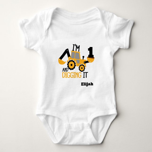 Construction Happy Birthday Digging It Age Name Baby Bodysuit (Front)