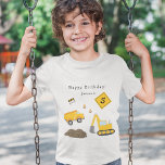 Construction Happy Birthday - Name and Age Boy T-Shirt<br><div class="desc">Celebrate your little one's special day with this custom boy t-shirt with an adorable construction theme. The shirt has a yellow dump truck and excavator working together at a road construction site. There are also orange traffic cones and a safety divider. Add your kid's name and age for a special...</div>