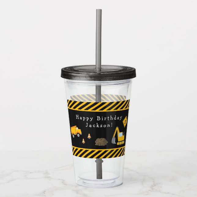 Construction Happy Birthday with Name and Age Boy Acrylic Tumbler (Front)
