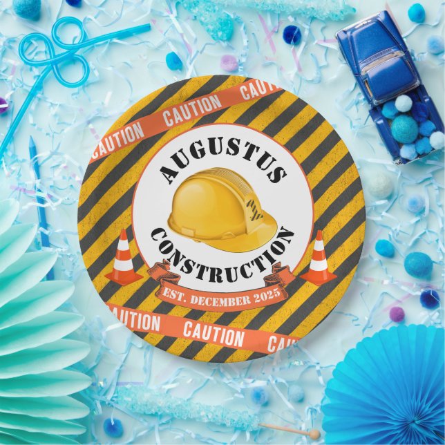 Construction Hard Hat|Black & Yellow 1st Birthday Paper Plate (Party)