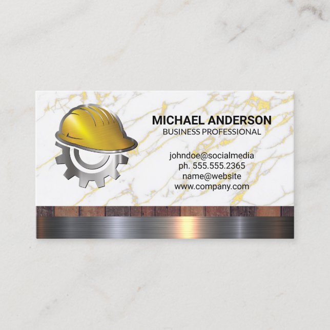 Construction Hard Hat Logo | Builder Carpentry Business Card (Front)