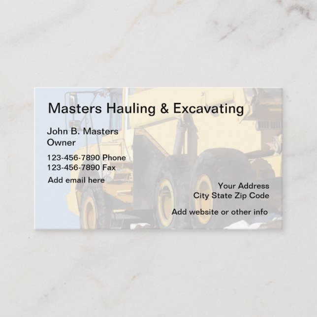 Construction Hauling And Excavating Business Card (Front)