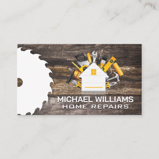 Construction Home Builds Logo | Tools | Wood Business Card (Front)
