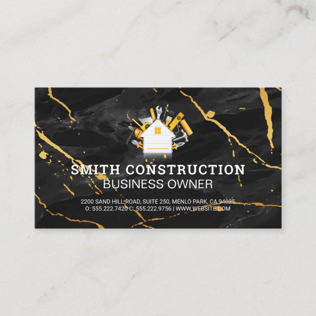 Construction Home Logo | Black Marble Business Card (Front)