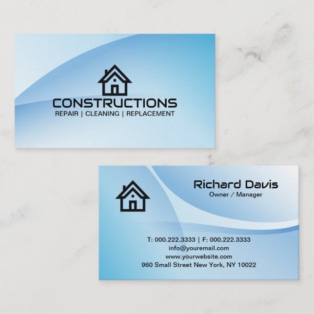Construction House Roof Logo Blue Business Card (Front/Back)