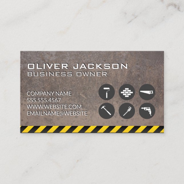 Construction Icons | Rusted Metal | Caution Business Card (Front)