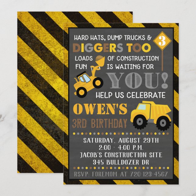 Construction Invitation Boy Birthday Party (Front/Back)
