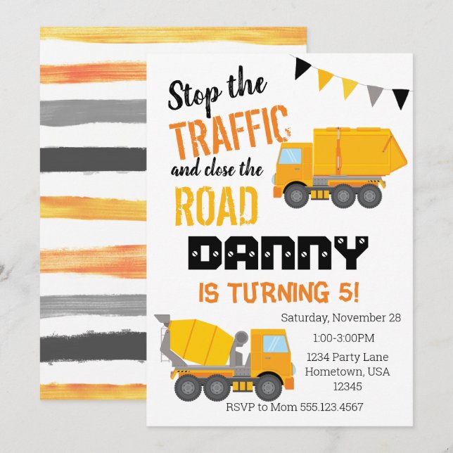 Construction Invitation, Yellow Truck Invitation (Front/Back)