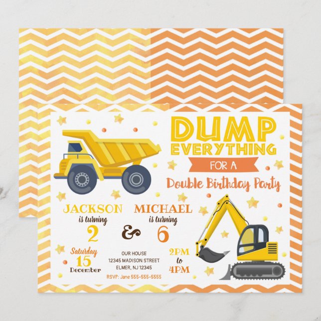 Construction Joint Birthday Invitation Siblings (Front/Back)