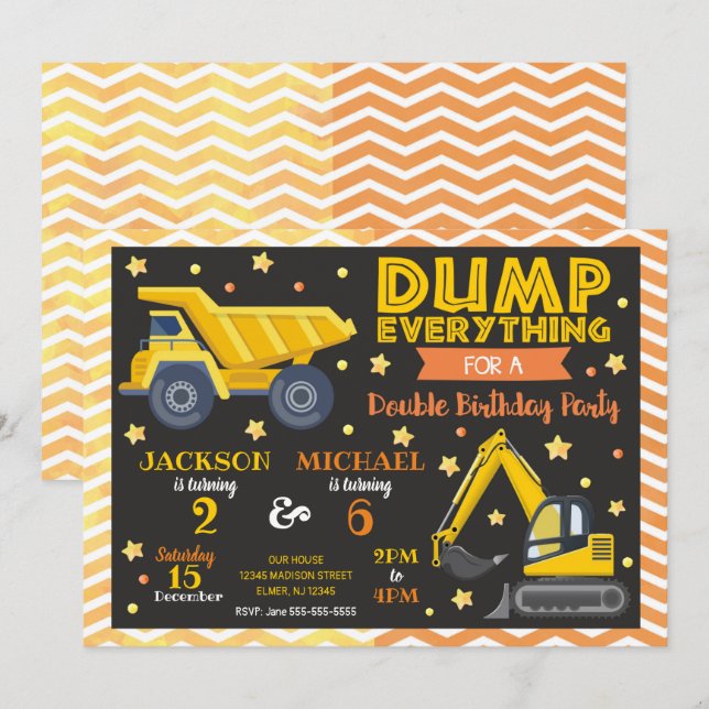Construction Joint Birthday Invitation Siblings (Front/Back)