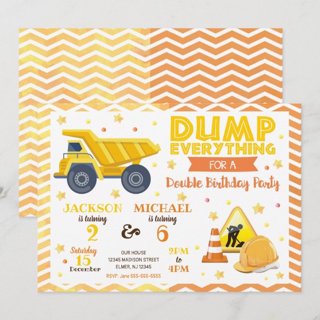 Construction Joint Birthday Invitation Siblings (Front/Back)