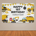 Construction Kids Birthday Party Banner<br><div class="desc">Construction themed birthday banner featuring a simple white background,  with cute cartoon illustrations of bunting,  stop signs,  a dump truck,  a digger,  a cement truck,  a wrecking ball crane,  splatters of dirt,  and a happy birthday template that is easy to personalise.</div>