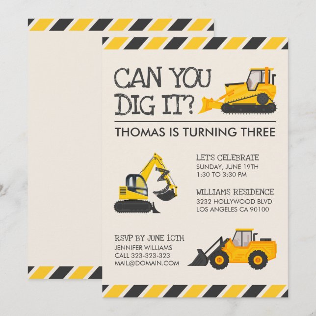 Construction Kids Birthday Party Invitation (Front/Back)