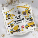Construction Kids Birthday Party Napkin<br><div class="desc">Kids construction birthday party napkins featuring a simple white background,  with cute cartoon illustrations of bunting,  stop signs,  a dump truck,  a digger,  a cement truck,  a wrecking ball crane,  splatters of dirt,  and a happy birthday template that is easy to personalise.</div>