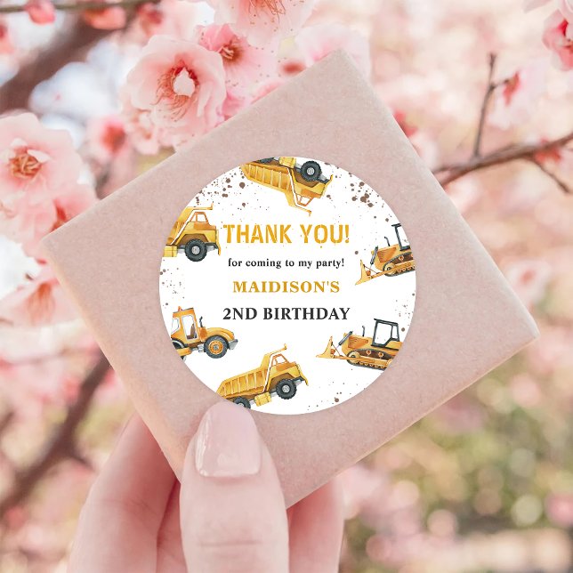 Construction Kids Birthday Party Thank You  Classic Round Sticker (Creator Uploaded)