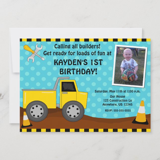 Construction Kids Photo Birthday Invitation (Front)