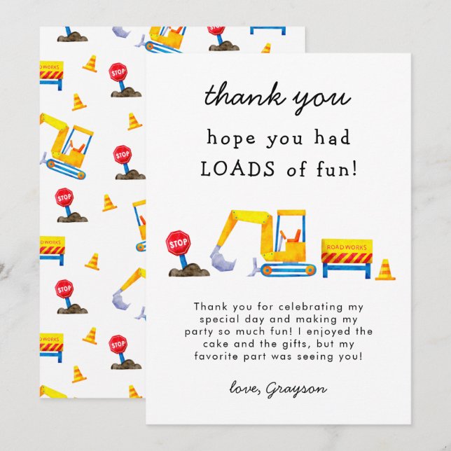 Construction Loads of Fun Birthday Thank You Card (Front/Back)