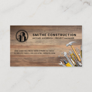 Construction Logo   Hand Tools   Wood Background Business Card