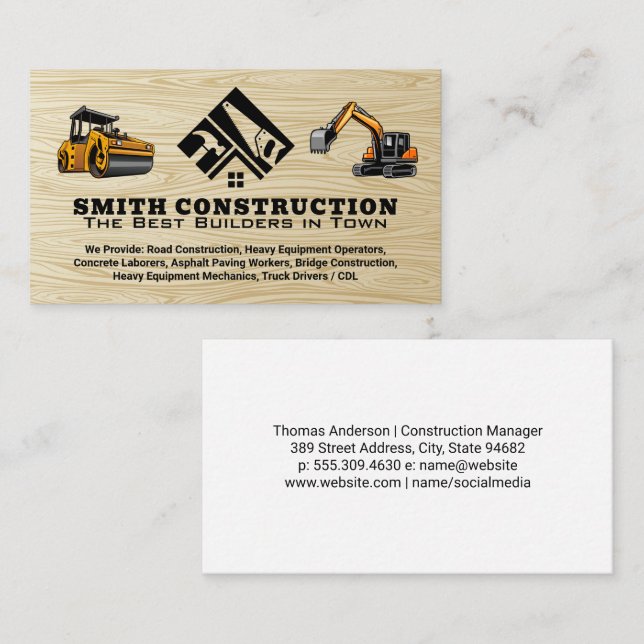 Construction Logo | Heavy Machinery | Wood Grain Business Card (Front/Back)