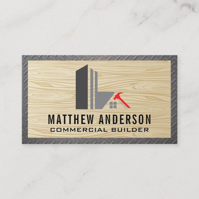 Construction Logo | Wood Grain | Steel  Business Card (Front)